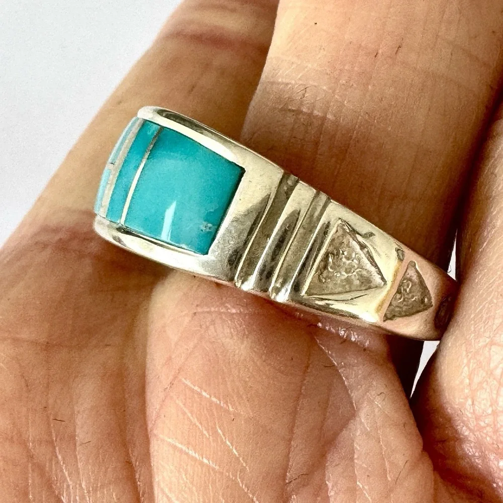 Mens Navajo‎ Wedding Band 10.5 Ring Turquoise 9mm Inlay Signed Tolino Native